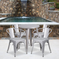 Flash Furniture CH-51080TH-4-18ARM-SIL-GG 24" Round Metal Table Set with Arm Chairs in Silver